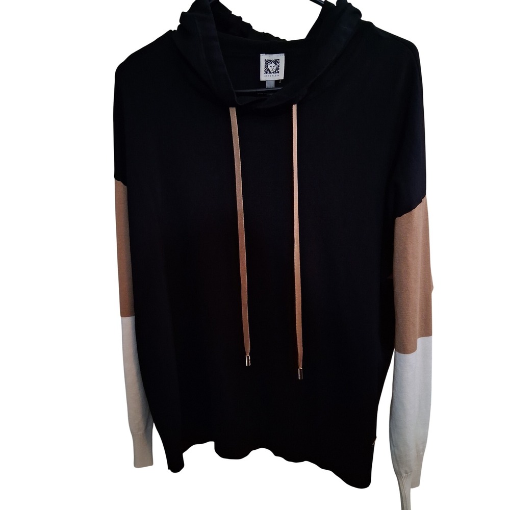 Anne Klein Colorblock Hoodie Sweater Women Large Black Tan White Knit Pullover - Picture 7 of 7